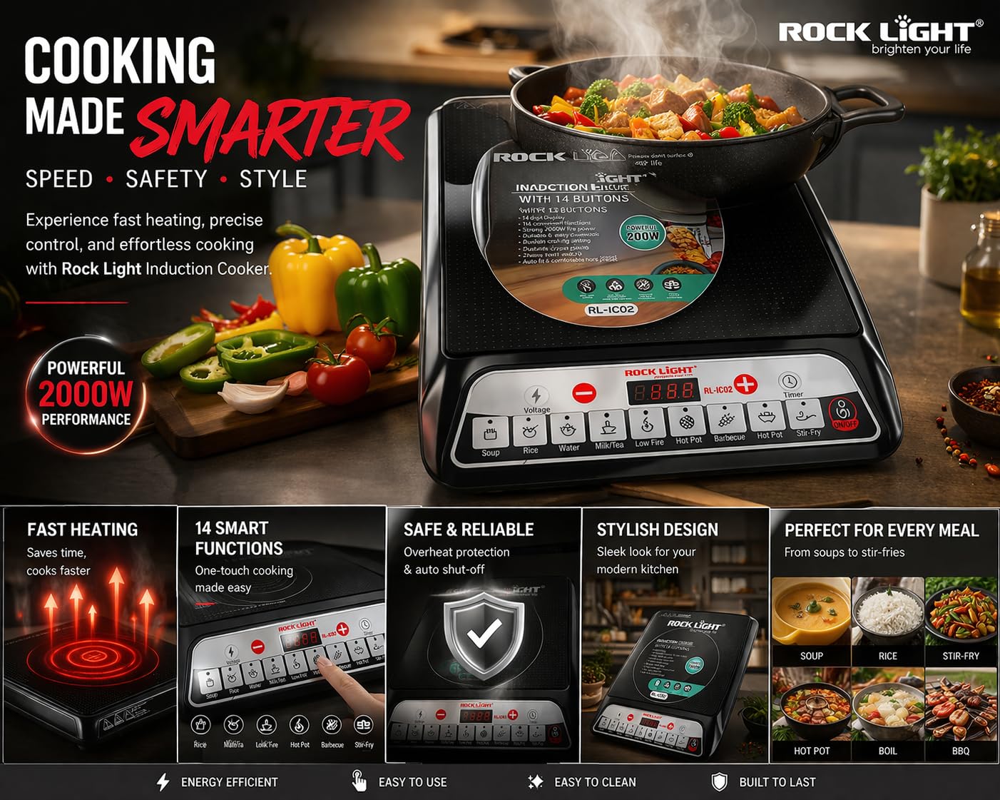 Induction Cooktop with Smart Push Control, Fast Heating Electric Induction Stove, Auto Shut-Off, Energy Efficient, Portable Cooktop for Kitchen, Office & Travel