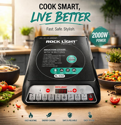 Induction Cooktop with Smart Push Control, Fast Heating Electric Induction Stove, Auto Shut-Off, Energy Efficient, Portable Cooktop for Kitchen, Office & Travel