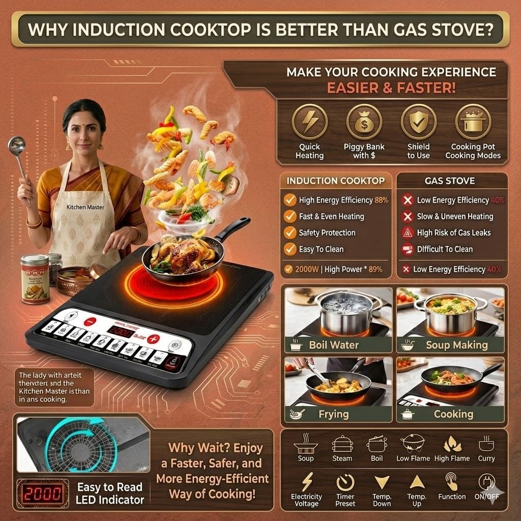 Induction Cooktop with Smart Push Control, Fast Heating Electric Induction Stove, Auto Shut-Off, Energy Efficient, Portable Cooktop for Kitchen, Office & Travel