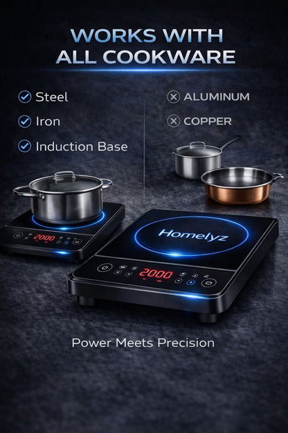 Homelyz Smart Induction Cooktop 2000W | Fast Heating, Touch Control, Safe & Energy Efficient